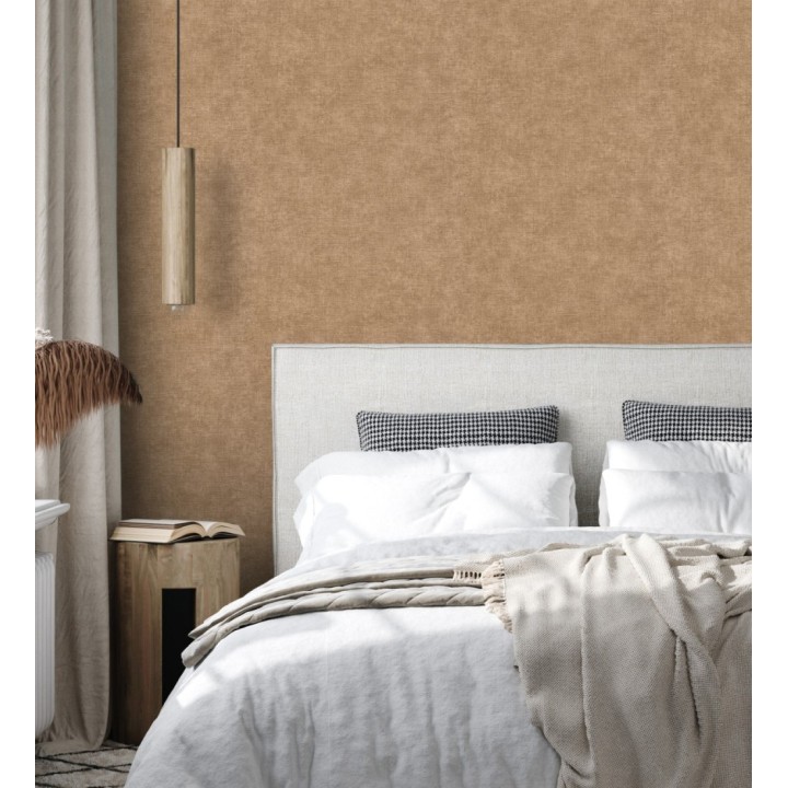 Papel pintado liso marrón camel efecto textil hilos de lino y algodón - Raffton Clay 685350