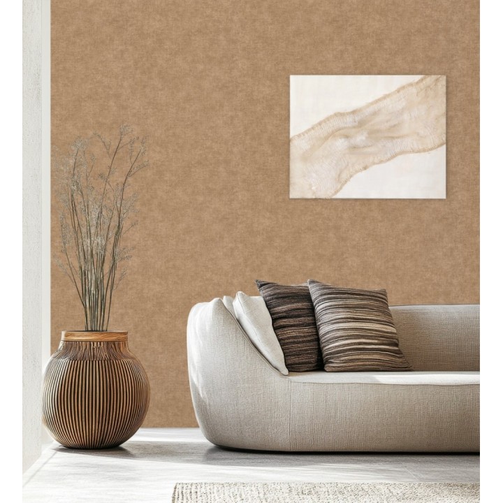 Papel pintado liso marrón camel efecto textil hilos de lino y algodón - Raffton Clay 685350