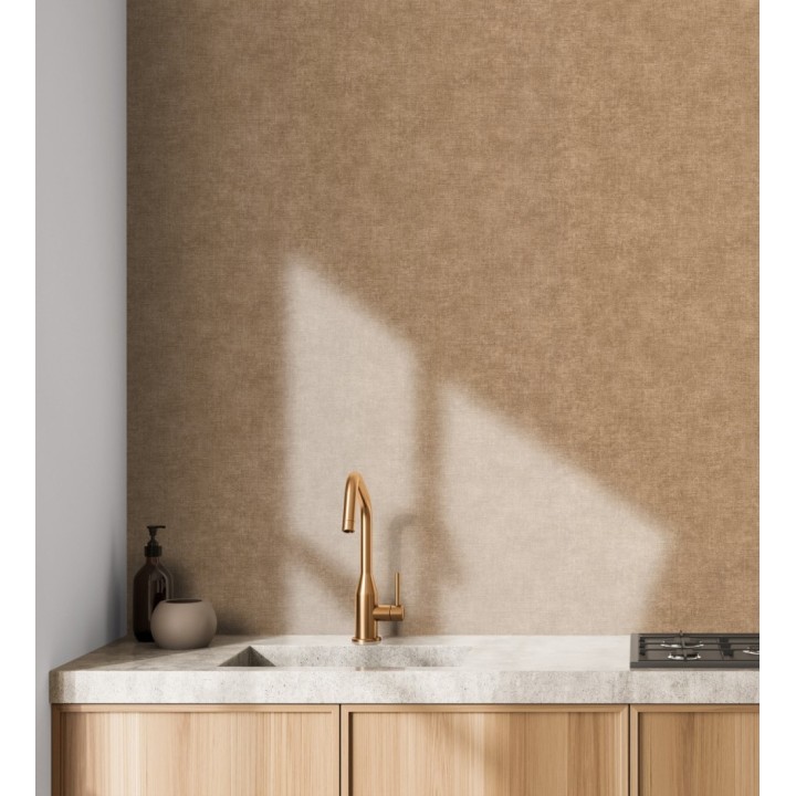 Papel pintado liso marrón camel efecto textil hilos de lino y algodón - Raffton Clay 685350