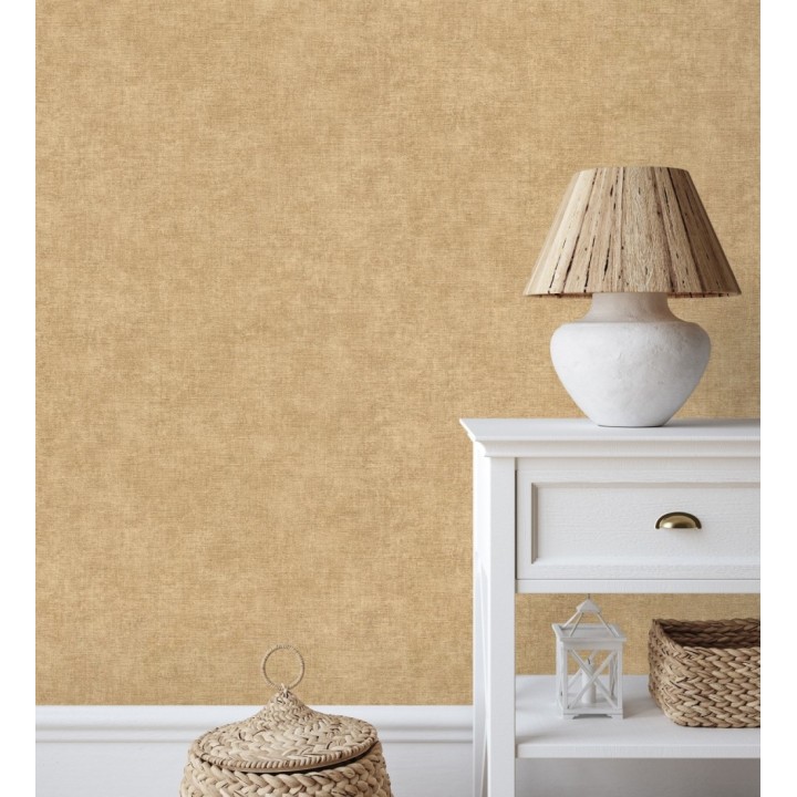 Papel pintado liso ocre dorado efecto textil hilos de lino y algodón - Raffton Clay 685351