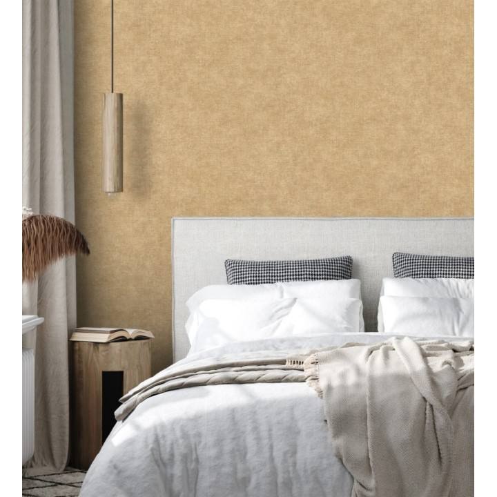 Papel pintado liso ocre dorado efecto textil hilos de lino y algodón - Raffton Clay 685351