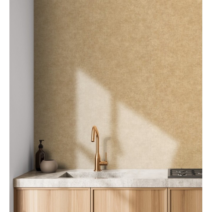 Papel pintado liso ocre dorado efecto textil hilos de lino y algodón - Raffton Clay 685351