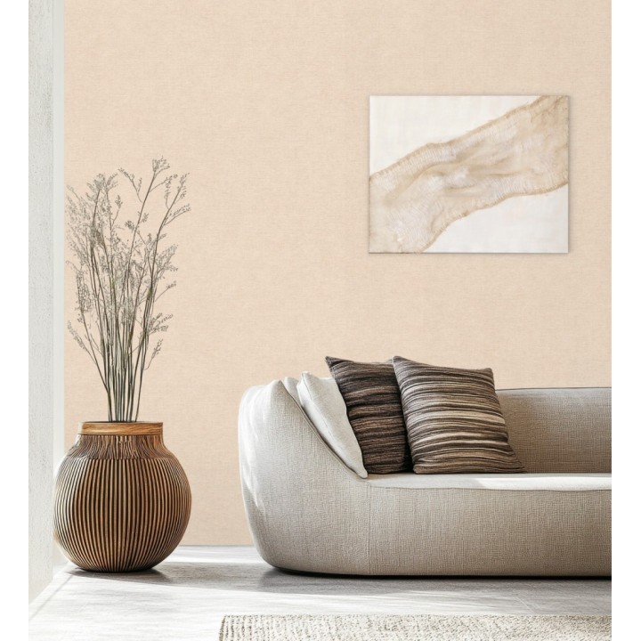 Papel pintado liso color crema melocotón efecto textil hilos de lino y algodón - Raffton Clay 685352