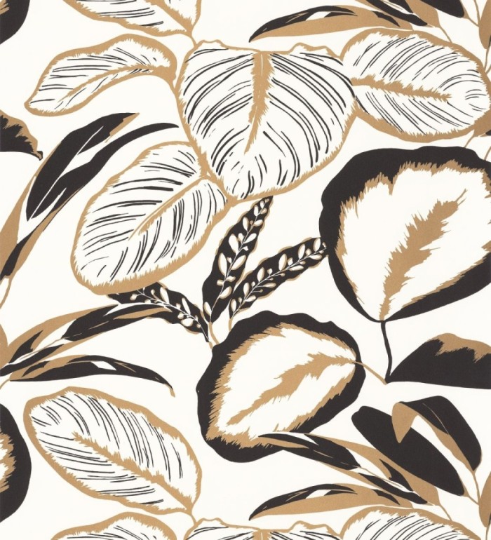 Papel pintado hojas color negro dorado y blanco roto - Golden Botanic 126862
