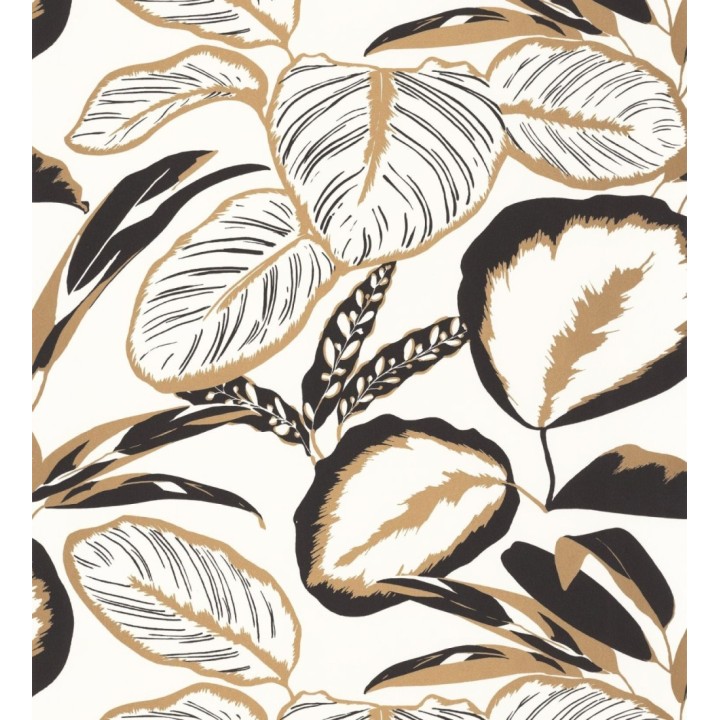 Papel pintado hojas color negro dorado y blanco roto - Golden Botanic 126862