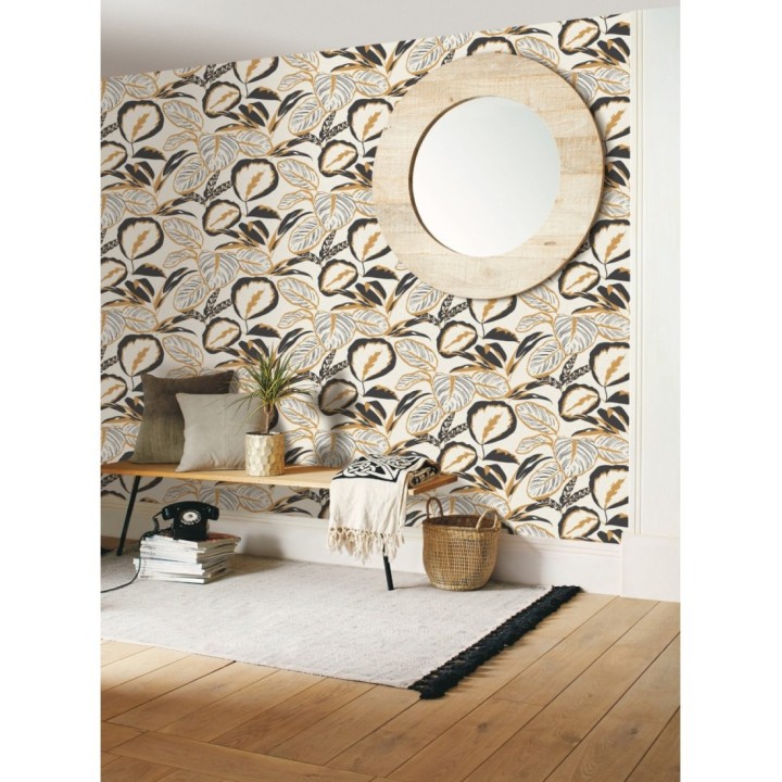 Papel pintado hojas color negro dorado y blanco roto - Golden Botanic 126862