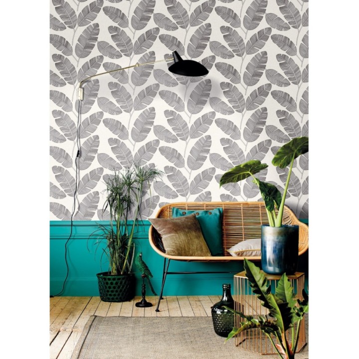 Papel pintado hojas grandes en negro y blanco - Mawi Leaves 126863