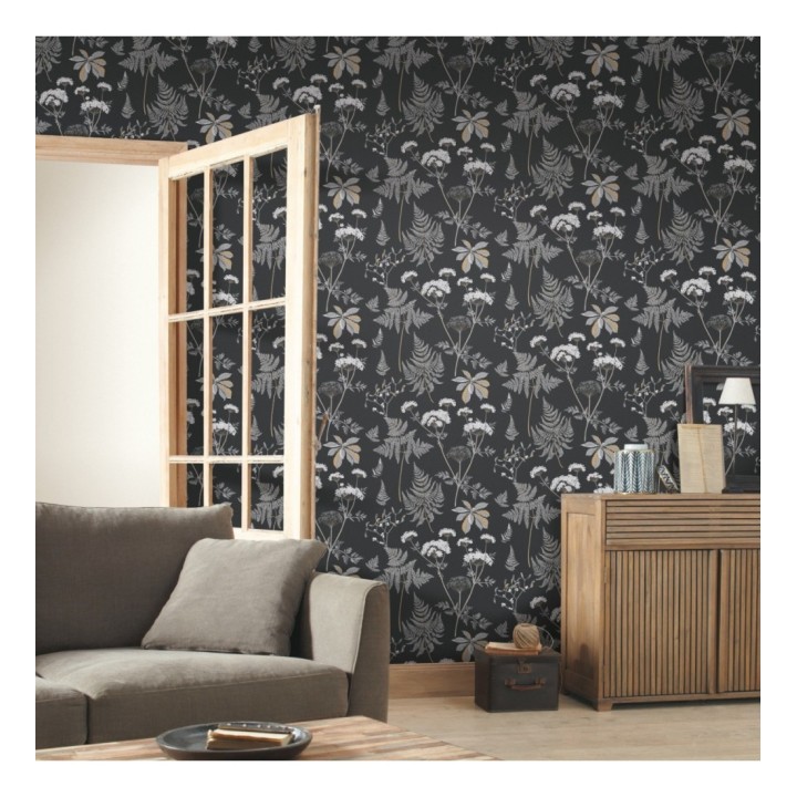 Papel pintado jardín botánico fondo negro - Agatha Forest 126883