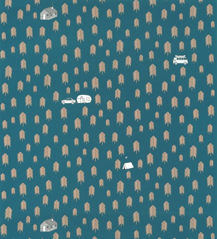 Papel pintado camping con caravanas, tiendas y árboles - Scandi Camping 127059