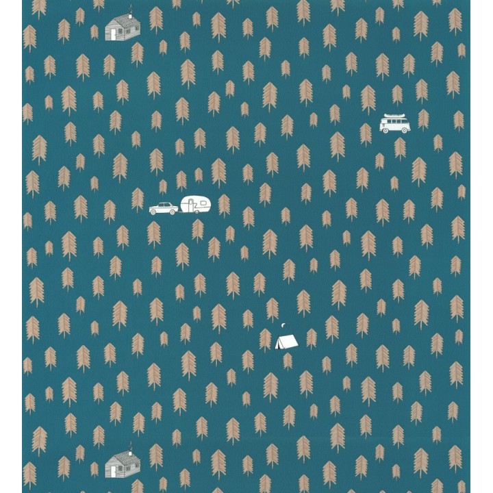 Papel pintado camping con caravanas, tiendas y árboles - Scandi Camping 127059