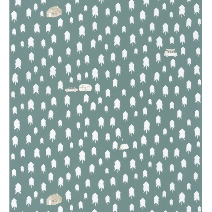 Papel pintado camping con caravanas, tiendas y árboles - Scandi Camping 127060