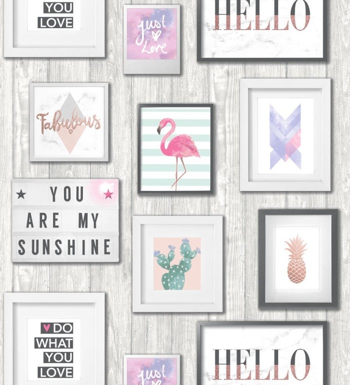 Papel pintado cuadros de flamencos, cactus y piñas estilo tropical - Hello Sunshine 127158