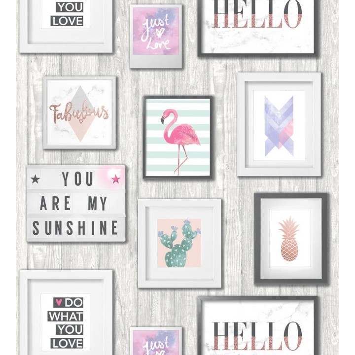 Papel pintado cuadros de flamencos, cactus y piñas estilo tropical - Hello Sunshine 127158