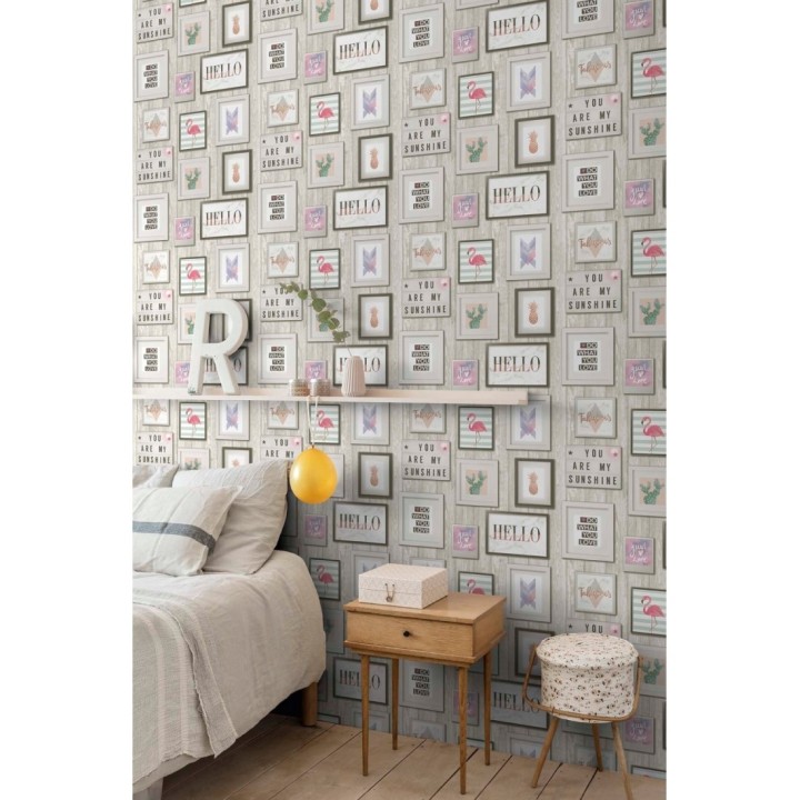 Papel pintado cuadros de flamencos, cactus y piñas estilo tropical - Hello Sunshine 127158