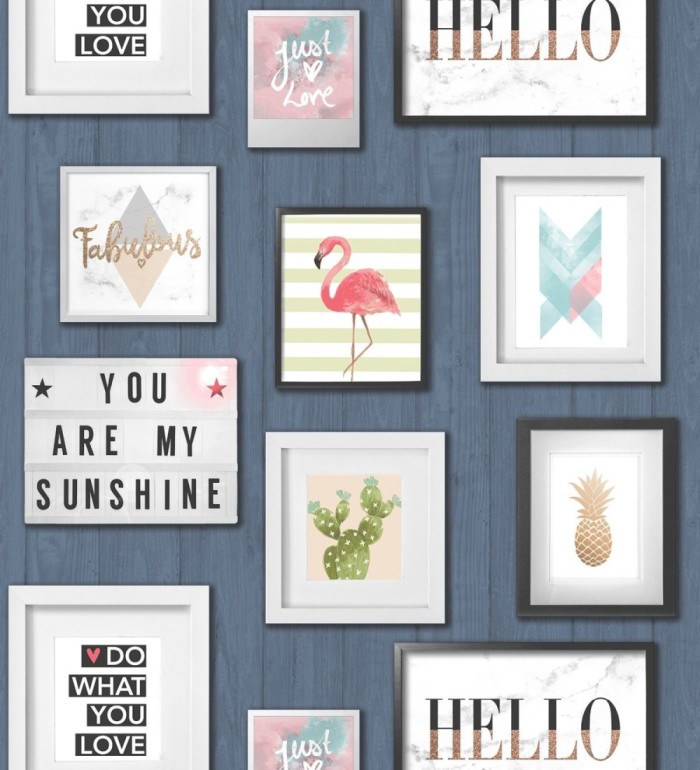 Papel pintado cuadros de flamencos, cactus y piñas estilo tropical - Hello Sunshine 127159