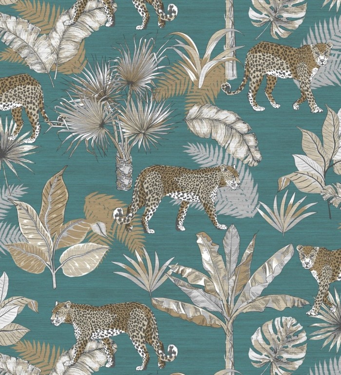 Papel pintado leopardos africanos fondo turquesa - Wild Life 127208
