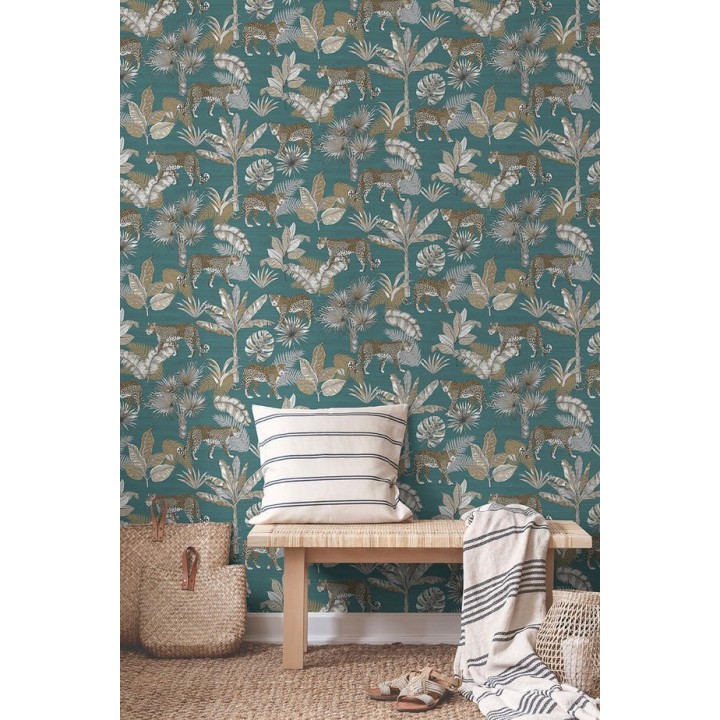 Papel pintado leopardos africanos fondo turquesa - Wild Life 127208