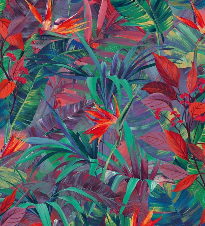Papel pintado hojas tropicales turquesa y rojo - Panamá 127211