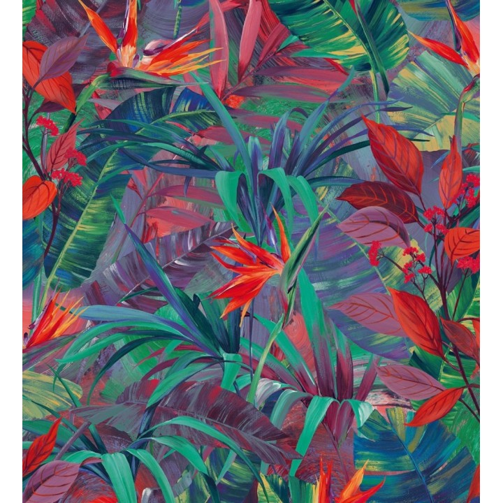 Papel pintado hojas tropicales turquesa y rojo - Panamá 127211