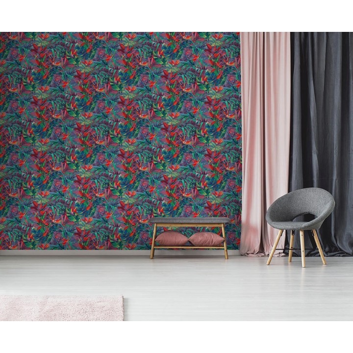 Papel pintado hojas tropicales turquesa y rojo - Panamá 127211