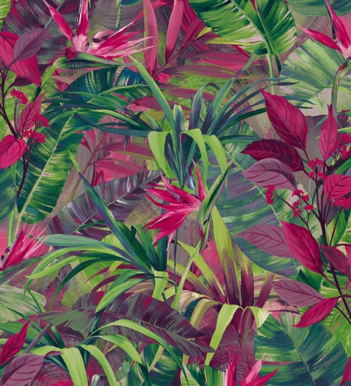 Papel pintado hojas tropicales verdes y fucsia - Panamá 127212