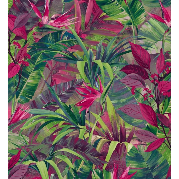 Papel pintado hojas tropicales verdes y fucsia - Panamá 127212