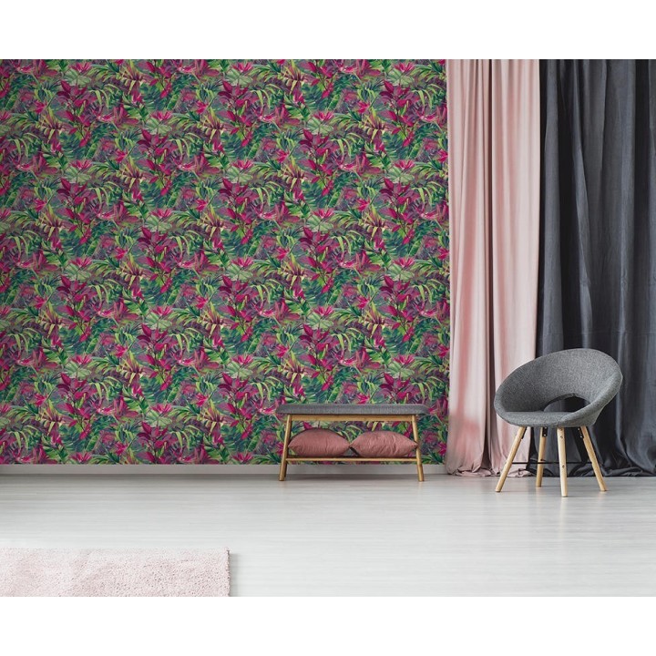 Papel pintado hojas tropicales verdes y fucsia - Panamá 127212