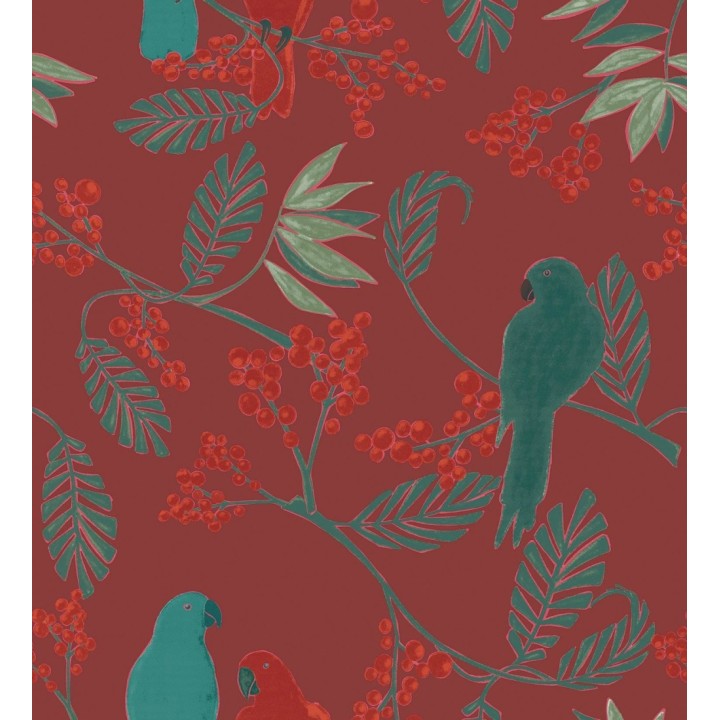 Papel pintado loros fondo rojo pasión - Myoko Botanic 127224