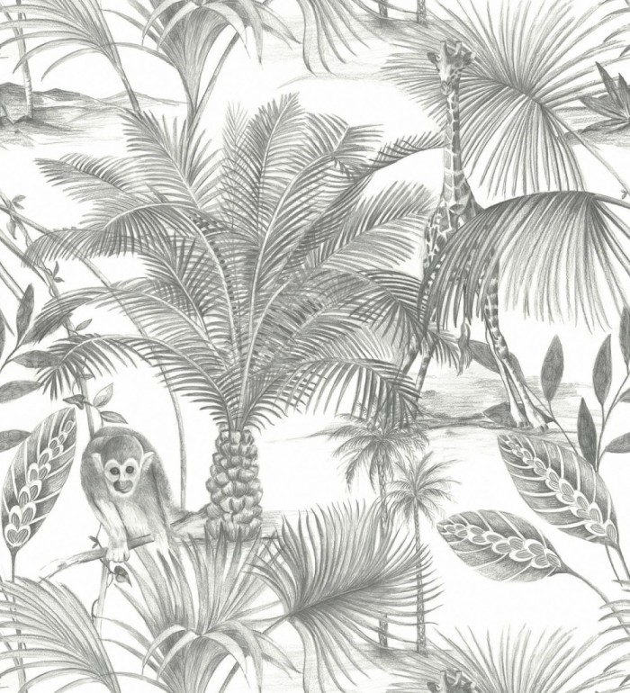 Papel pintado jirafas y monos tropicales negro - Safari Woods 127225