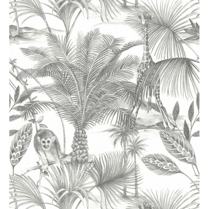 Papel pintado jirafas y monos tropicales negro - Safari Woods 127225