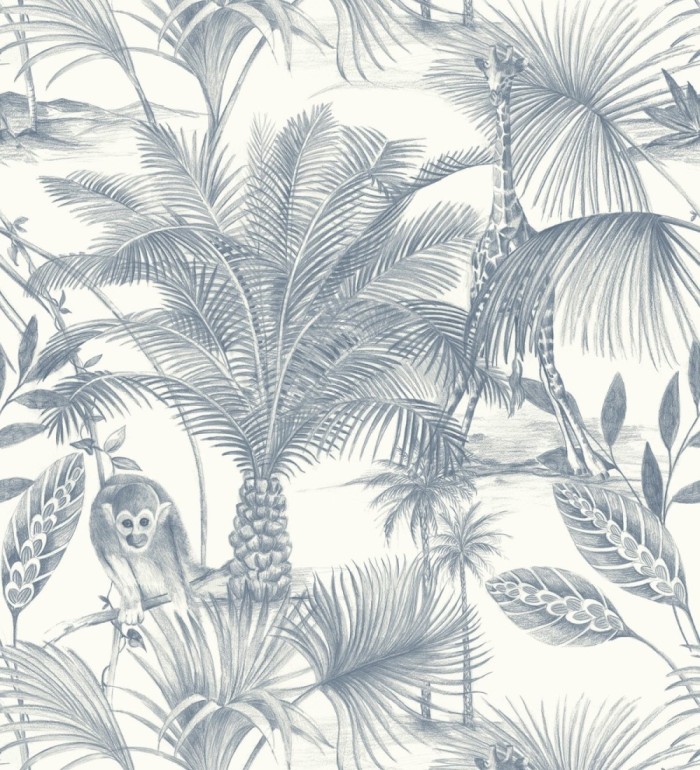 Papel pintado jirafas y monos tropicales azul - Safari Woods 127226