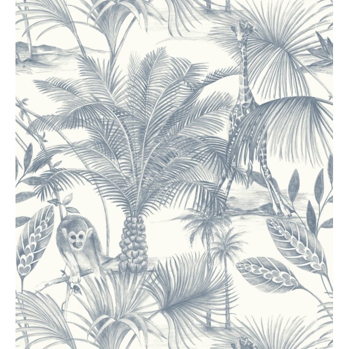 Papel pintado jirafas y monos tropicales azul - Safari Woods 127226