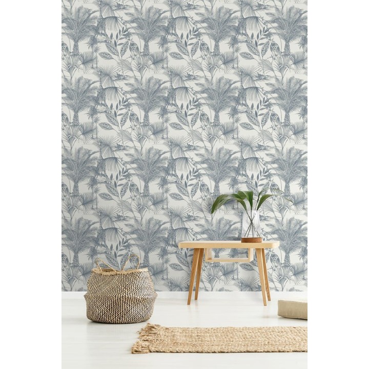 Papel pintado jirafas y monos tropicales azul - Safari Woods 127226