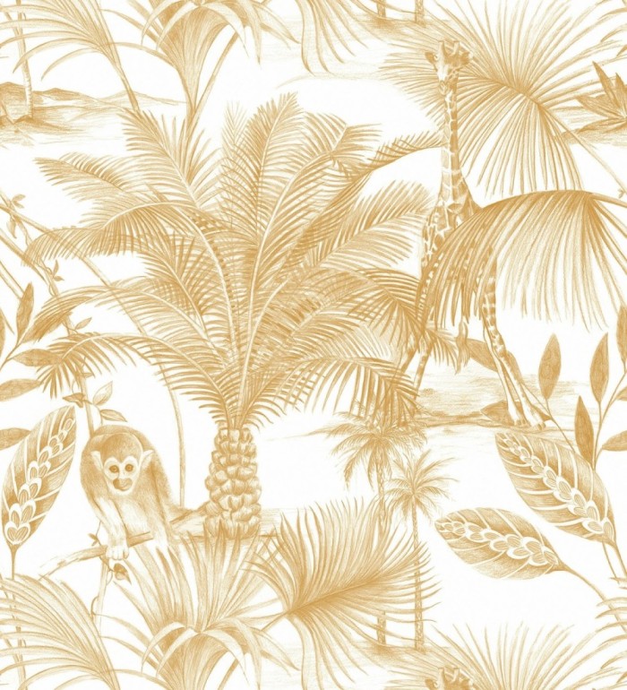 Papel pintado jirafas y monos tropicales amarillo - Safari Woods 127227