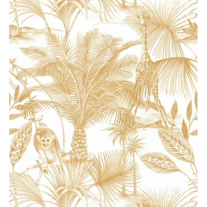 Papel pintado jirafas y monos tropicales amarillo - Safari Woods 127227