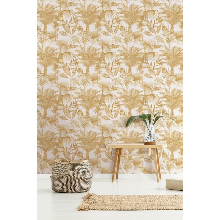 Papel pintado jirafas y monos tropicales amarillo - Safari Woods 127227