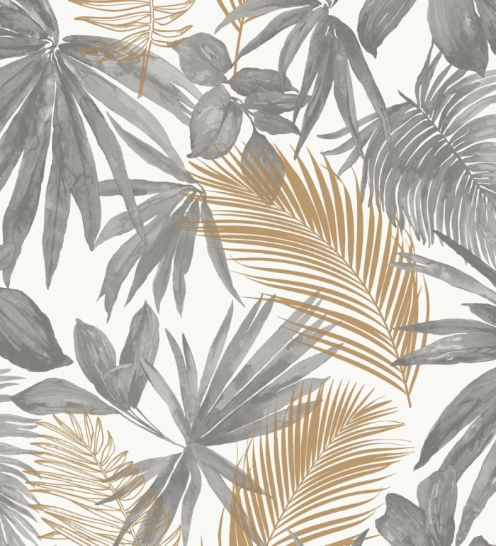 Papel pintado hojas tropicales gris y marrón - Kalua 127228