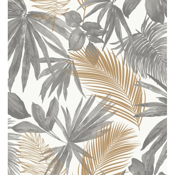 Papel pintado hojas tropicales gris y marrón - Kalua 127228