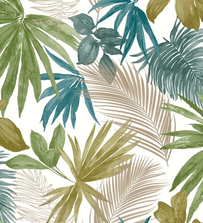 Papel pintado hojas tropicales verde y turquesa - Kalua 127229