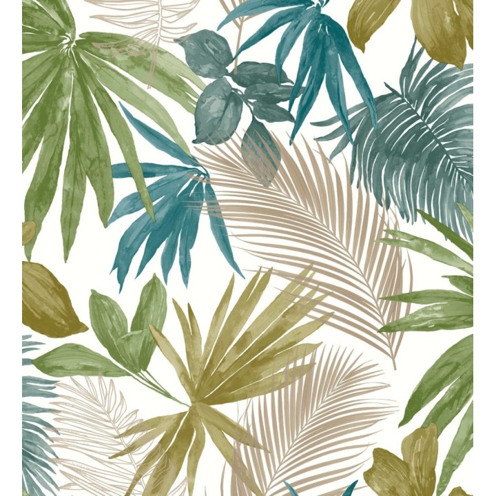 Papel pintado hojas tropicales verde y turquesa - Kalua 127229