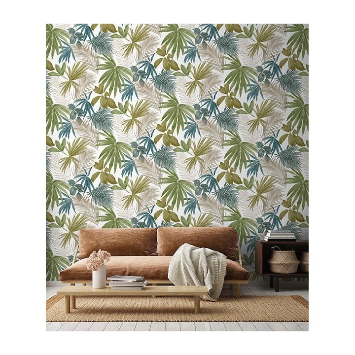 Papel pintado hojas tropicales verde y turquesa - Kalua 127229