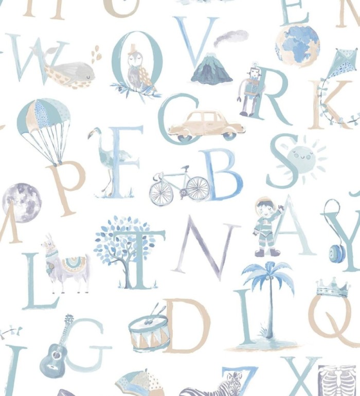 Papel pintado infantil de letras con coches, globos, bicicletas - ABC Little World 127245