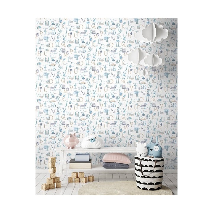 Papel pintado infantil de letras con coches, globos, bicicletas - ABC Little World 127245