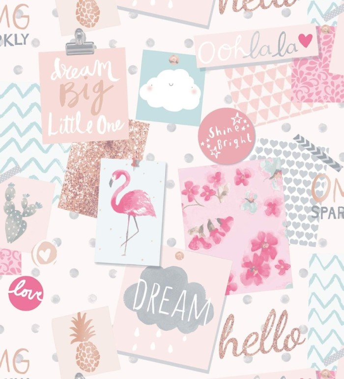 Papel pintado notas con flamencos y motivos tropicales - Oh la la Dream 127247