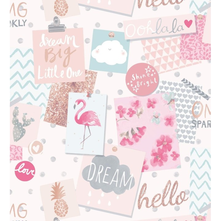 Papel pintado notas con flamencos y motivos tropicales - Oh la la Dream 127247