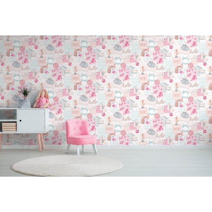 Papel pintado notas con flamencos y motivos tropicales - Oh la la Dream 127247