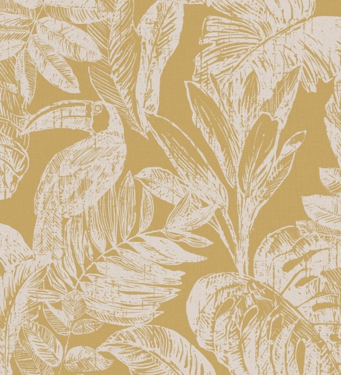 Papel pintado tucán y hojas tropicales ocre - Toucan Jungle 127335