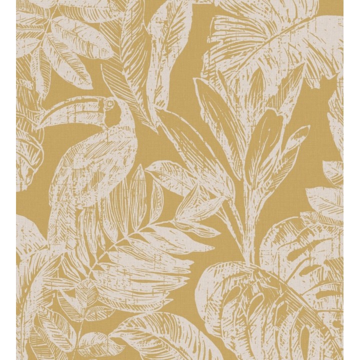 Papel pintado tucán y hojas tropicales ocre - Toucan Jungle 127335