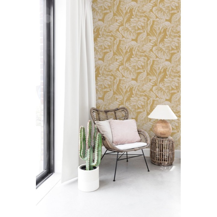 Papel pintado tucán y hojas tropicales ocre - Toucan Jungle 127335
