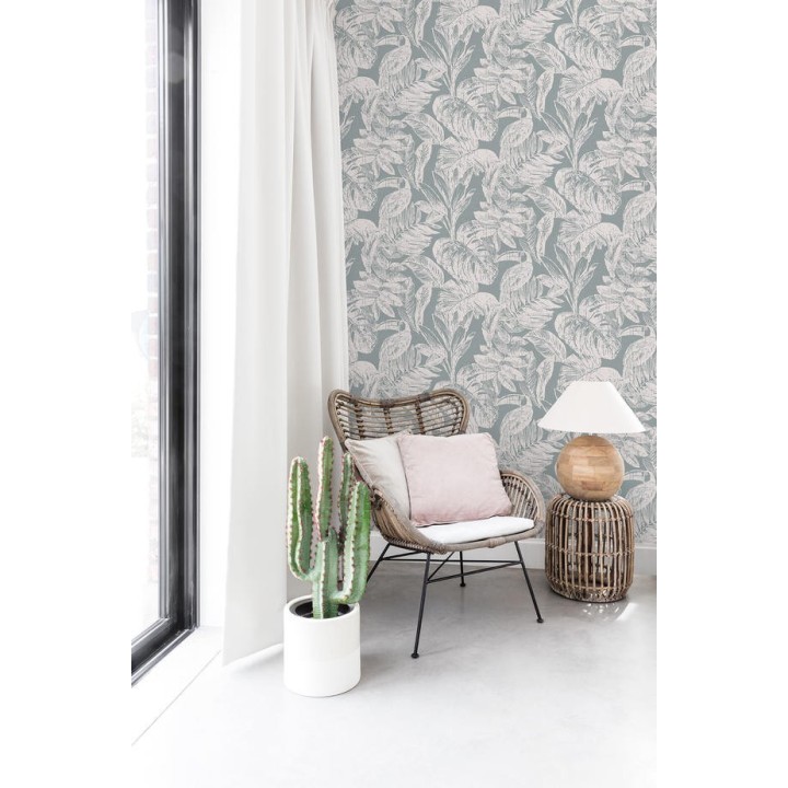 Papel pintado tucán y hojas tropicales verde agua - Toucan Jungle 127336